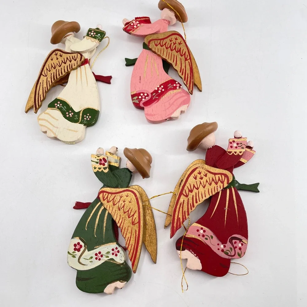 Vintage Angel Christmas Decor Set Lace Sisal Straw Figures Wooden Ornaments 6pc